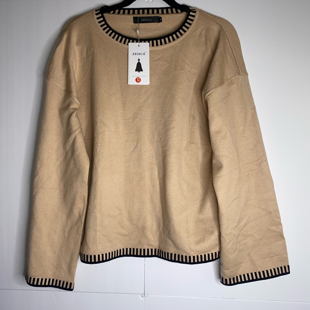 ZESICA Tan Ribbed Trim Knit Sweater – Size M (NWT)